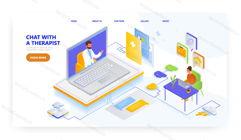 Chat with therapist, landing page design, website banner template, flat vector isometric illustration. Online doctor appointment, consultation, video call chat, telemedicine.