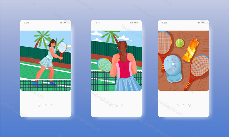 Two girls playing tennis on outdoor court. Healthy lifestyle. Mobile app screens. Vector banner template for website and mobile development. Web site and UI design illustration.
