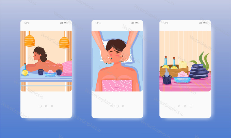 Woman enjoying spa salon procedures. Hot stone massage therapy, body care. Mobile app screens. Vector banner template for website and mobile development. Web site and UI design illustration.