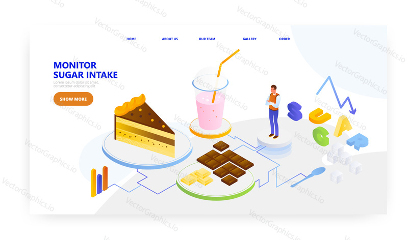 Monitor sugar intake, landing page design, website banner template, flat vector isometric illustration. Track sugar consumption. Health care.