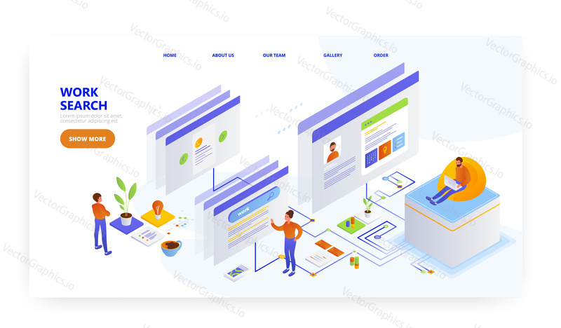 Work search, landing page design, website banner template, flat vector isometric illustration. Job search, employment, vacancy.