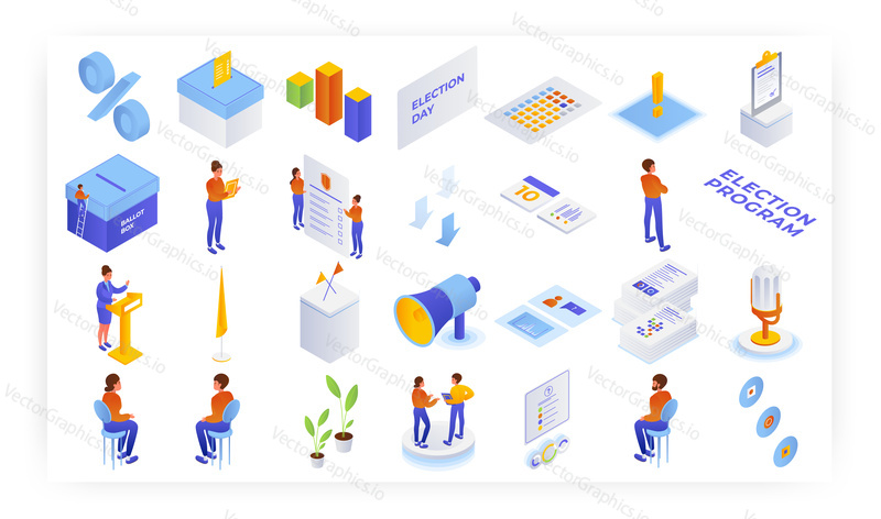 Election campaign and voting isometric icon set, flat vector isolated illustration. Election program. Polling day, ballot paper, ballot box, voters.