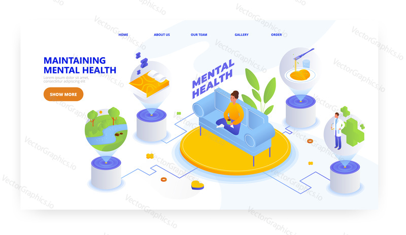 Maintaining mental health, landing page design, website banner template, flat vector isometric illustration. Get enough sleep and sunlight, eat well, visit doctor. Stress management and wellbeing.