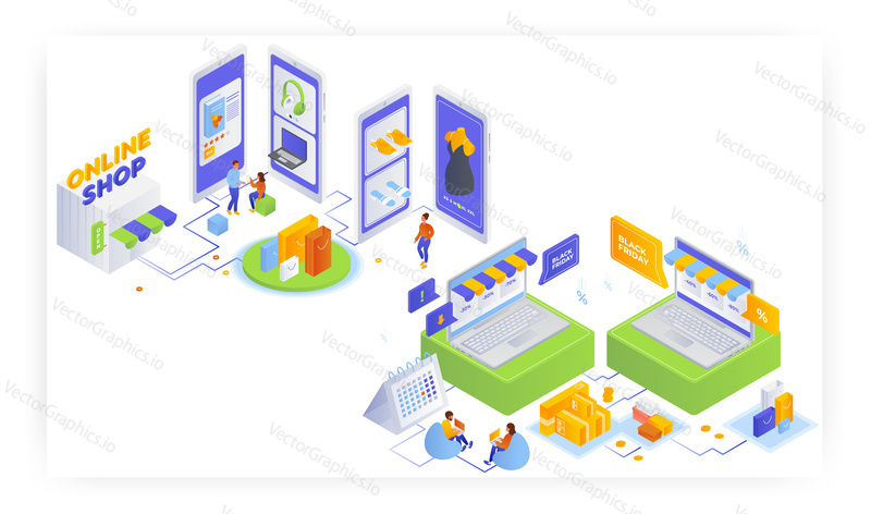 Online shop, flat vector isometric illustration. Sales and discounts, e-commerce. Black friday, online store marketing strategy.