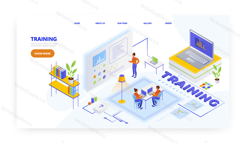 Training, landing page design, website banner template, flat vector isometric illustration. Students learning online. Webinar. Distance education. Online courses.