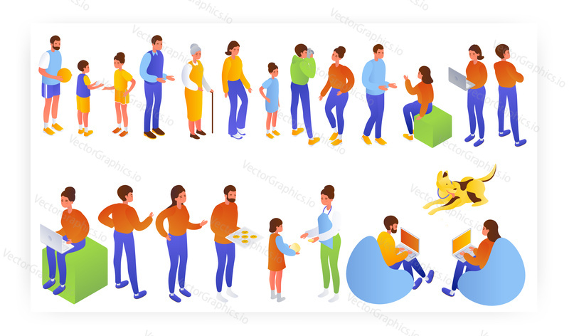 Family characters isometric icon set, flat vector isolated illustration. Happy couples, father, mother with kids spending time together cooking, playing, talking, etc. Family relationship.