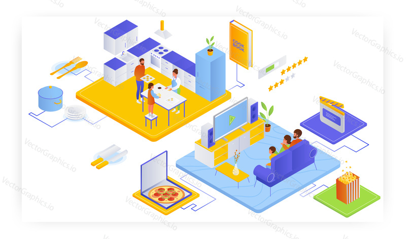Family characters watching movie sitting on sofa in living room and cooking in kitchen, flat vector isometric illustration. Family lifestyle.