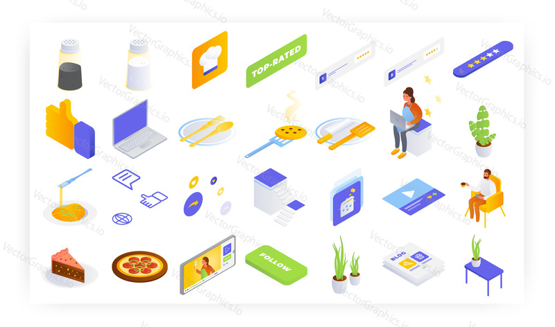 Food cooking blog, top rated recipes online, isometric icon set, flat vector isolated illustration. Food blogger recipes.