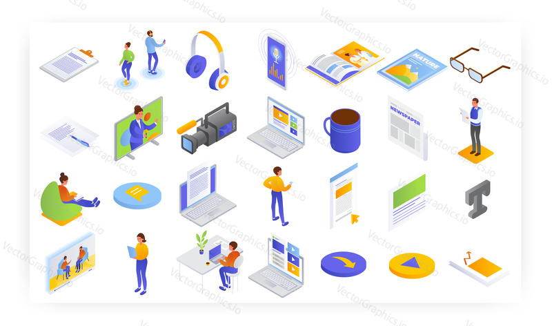 Broadcast and print journalism, isometric icon set, flat vector isolated illustration. Radio and television broadcasting. Press media. Printing house, polygraphy, printshop.