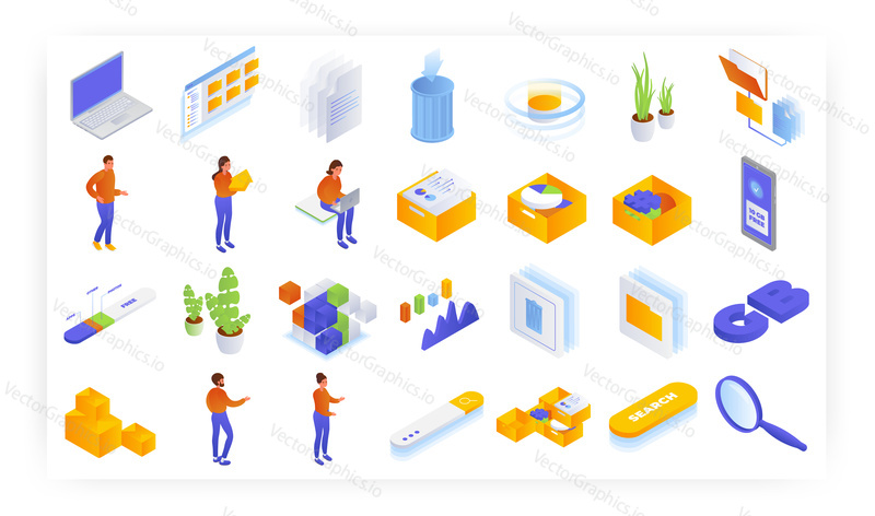 Never run out of storage, isometric icon set, flat vector isolated illustration. Get free 10gb data.