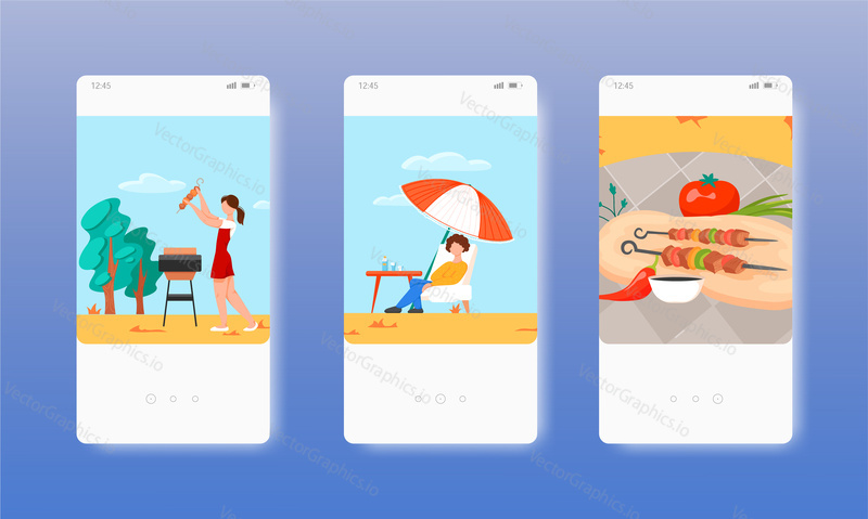 Summer barbecue party. Grilled meat shashlik with vegetables. Mobile app screens. Vector banner template for website and mobile development. Web site and UI design illustration.