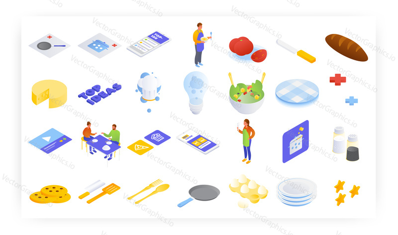Top cooking ideas and no cook dinner ideas, isometric icon set, flat vector isolated illustration. Online fast and easy food recipes.