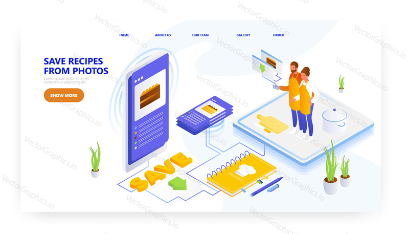 Save food recipes from photos, landing page design, website banner template, flat vector isometric illustration. Recipe saving mobile app.