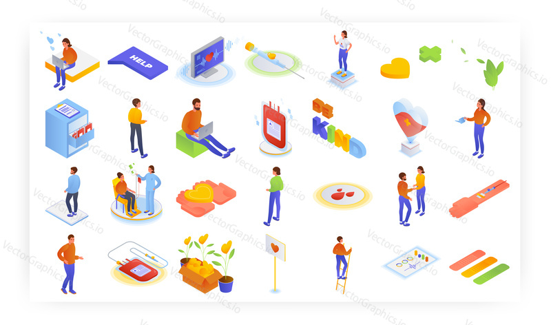 Blood donation, transfusion, isometric icon set, flat vector isolated illustration. Donor volunteer donating blood. People growing hearts in pots. Be kind quote. Charity, help, volunteering.