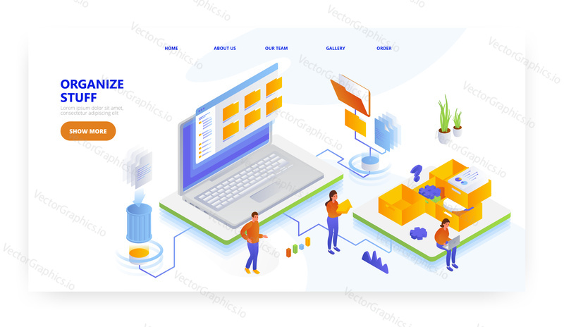 Organize stuff, landing page design, website banner template, flat vector isometric illustration. Office, home personal things organization app.