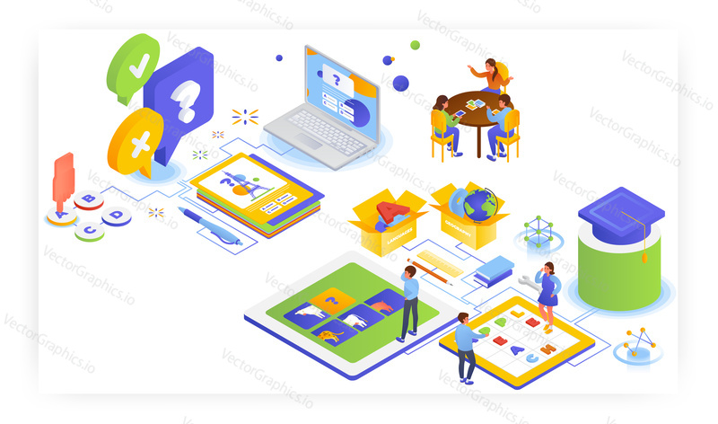 Online kids learning games, flat vector isometric illustration. Children playing trivia quiz, word search puzzle games, assembling pictures of animals. Kids education.