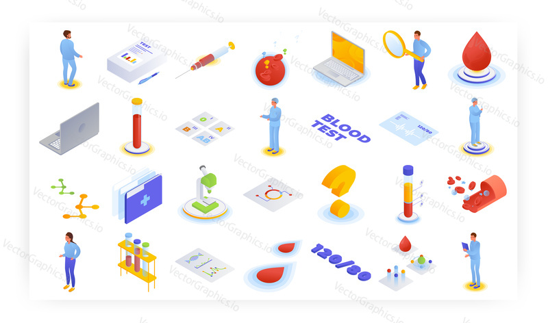 Blood test laboratory analysis, isometric icon set, flat vector isolated illustration. Medical lab staff, patients, equipment. Blood structure, type or group tests.