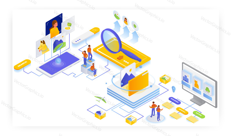 People looking for photos on the internet, putting them in album, flat vector isometric illustration. Fast image search. Online image gallery or smart photo album.