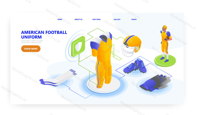 American football uniform, landing page design, website banner template, flat vector isometric illustration. Football player clothes and equipment. Jersey, pants, helmet, pads, gloves, shoes, socks.