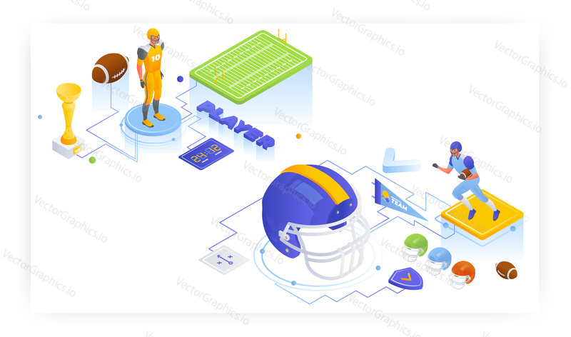 American football player, flat vector isometric illustration. American football sport uniform and protective helmet.