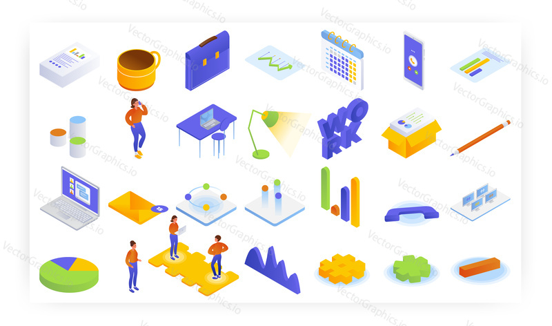Office work, business isometric icon set, flat vector isolated illustration. Calendar, coffee, workplace, laptop computer, mobile phone, office people, email sign, charts etc.