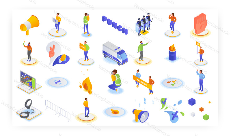 Protest, punch, isometric icon set, flat vector isolated illustration. Activists, protesters holding placards, rioters in face masks lighting fires. Picket, strike, public disorder, riot or rebellion.