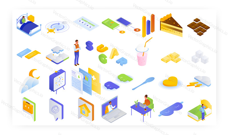 Health monitoring isometric icon set, flat vector illustration. Good sleep, checking sugar intake, reading before bedtime, getting online doctor consultation to stay healthy.