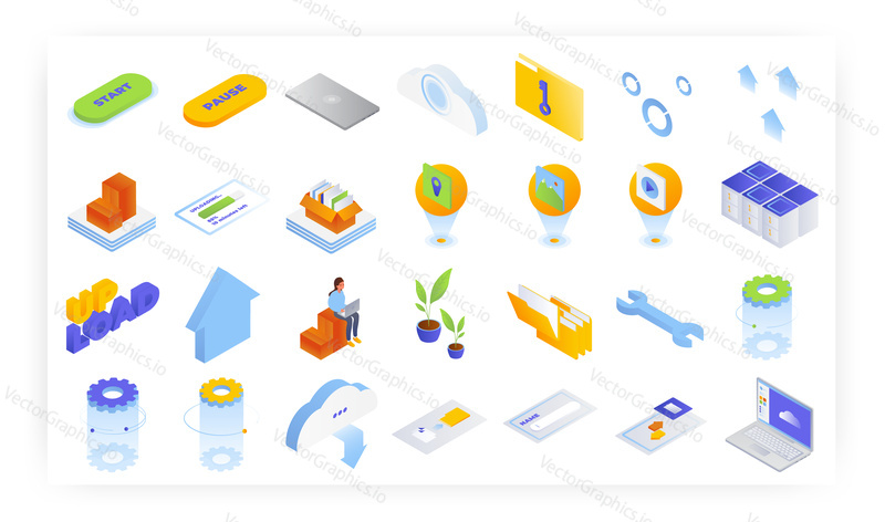 Cloud storage and file transfer services, isometric icon set, flat vector isolated illustration. Upload files to cloud storage, edit files in it.