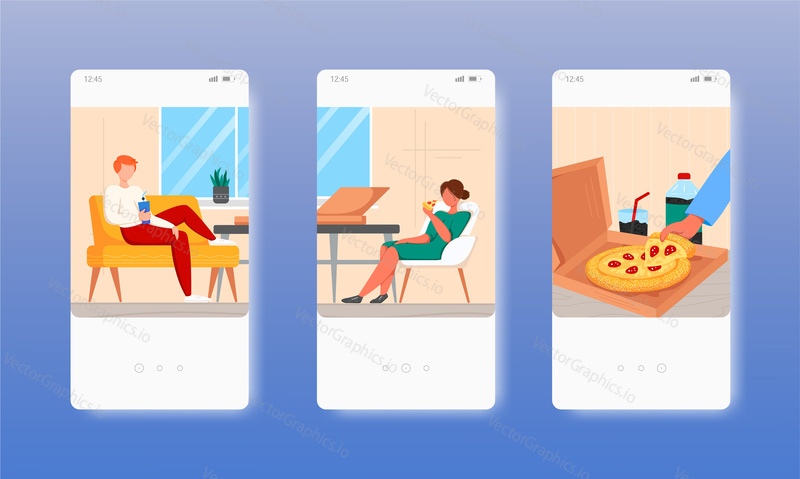 People eating pizza and drinking soda at home. Fast food home delivery. Mobile app screens. Vector banner template for website and mobile development. Web site and UI design illustration.