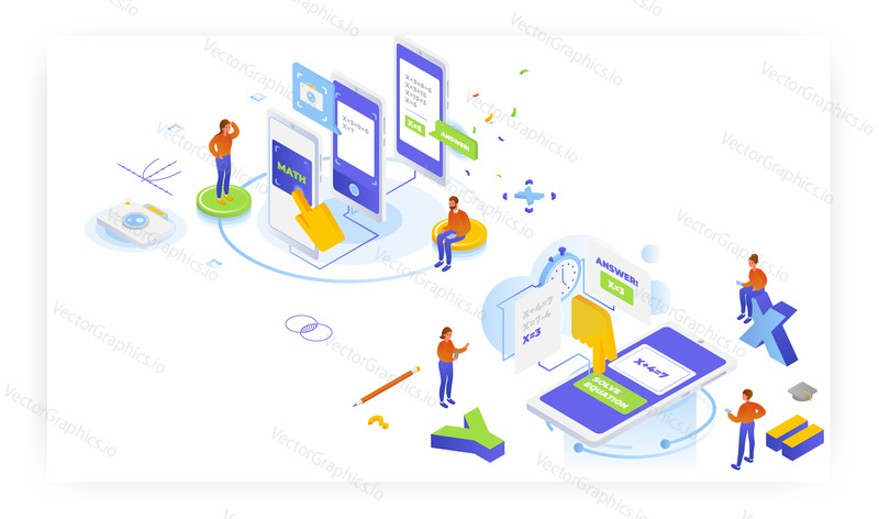 Online calculator, math equation solver mobile apps, flat vector isometric illustration. Math solving camera. Online photo calculator. Learning mathematics, school education.