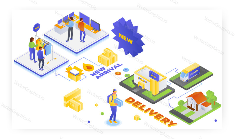 Internet store, online shopping, delivery service, flat vector isometric illustration. New arrivals of clothes. Courier delivering parcel from shop to customer home door.
