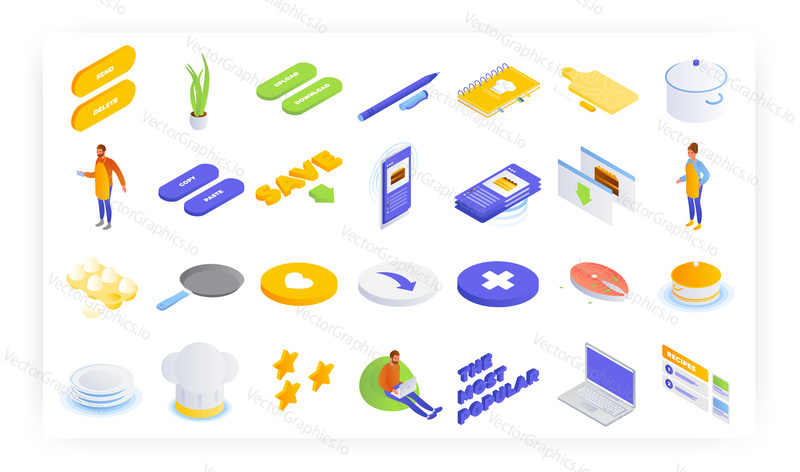 Online recipes and cooking books, isometric icon set, flat vector isolated illustration. The most popular and saved food recipes.