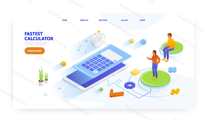 Fastest calculator, landing page design, website banner template, flat vector isometric illustration. People using math calculator apps on mobile phones.