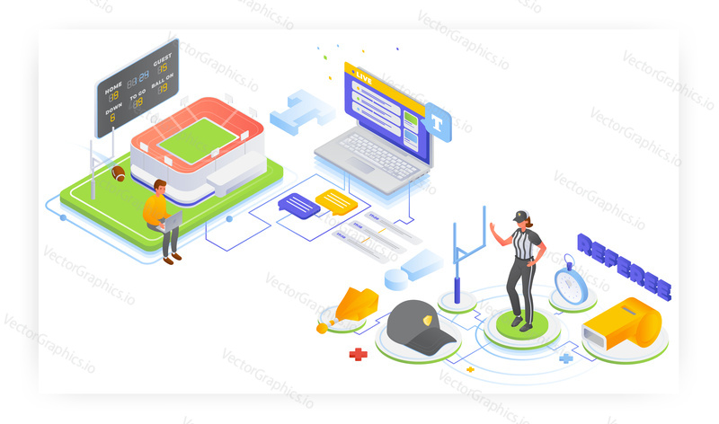American football referee, live text commentaries, flat vector isometric illustration. Female referee uniform and equipment. Football fan following favorite sport team, player, scores online.
