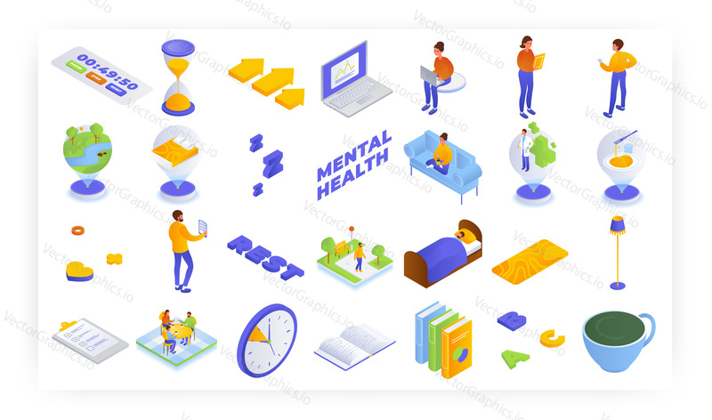 Maintaining physical and mental health, isometric icon set, flat vector isolated illustration. Good sleep, rest, walk outdoors, meeting with friends, visiting doctor.