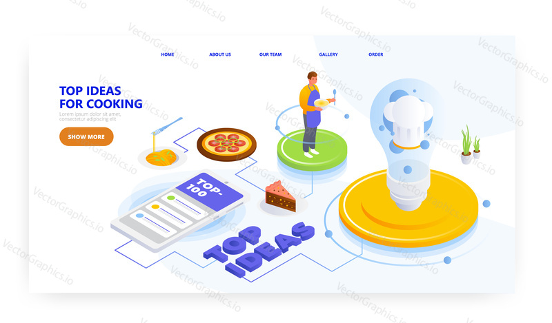 Top cooking ideas, landing page design, website banner template, flat vector isometric illustration. Cooking food, dinner ideas, favorite recipes, online cooking books.