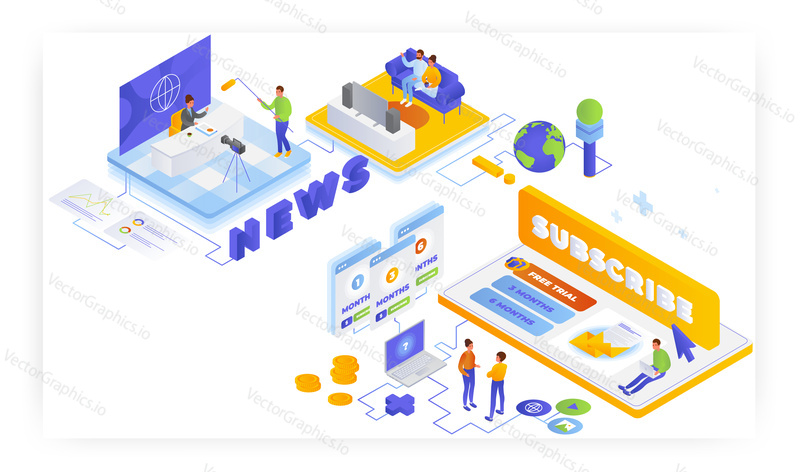 News, newsletter subscription, flat vector isometric illustration. Tv news production, broadcasting. People choosing subscription plan.