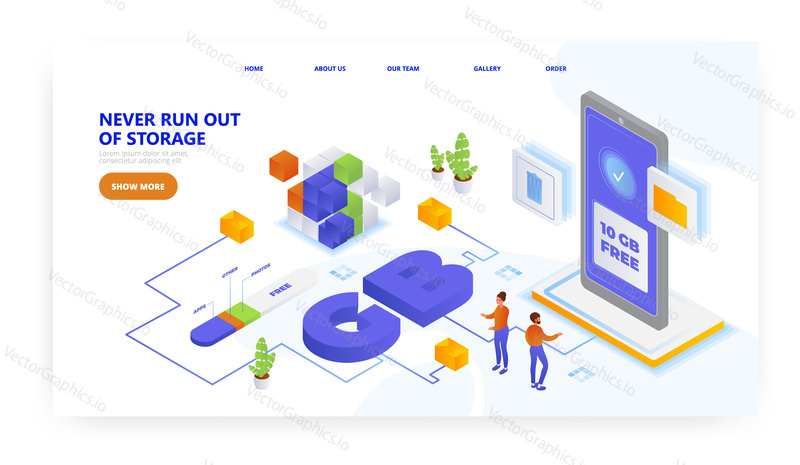 Never run out of storage, landing page design, website banner template, flat vector isometric illustration. Get free 10gb data.