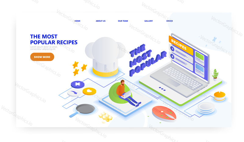 Popular food recipes, landing page design, website banner template, flat vector isometric illustration. Online recipes and cooking books.