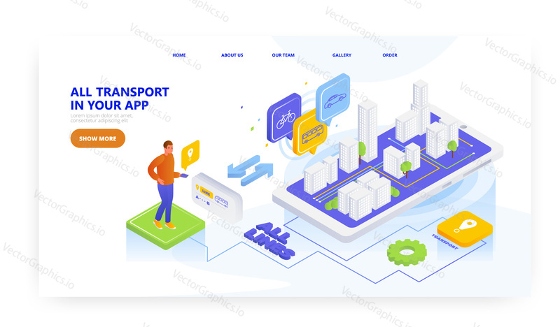 Transport app, landing page design, website banner template, flat vector isometric illustration. All routes in mobile app to travel by bike, taxi, car, public transport.