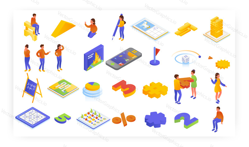 Preschool learning kids games isometric icon set, flat vector isolated illustration. Children playing math education and board games. Fun math worksheets, quizzes, number puzzles.
