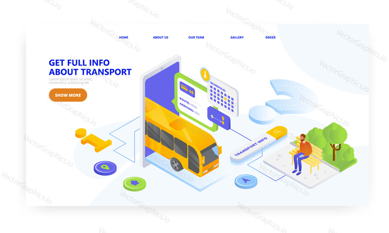 City transport information mobile app, landing page design, website banner template, flat vector isometric illustration. Bus route schedule, timetable. Public transport guide.
