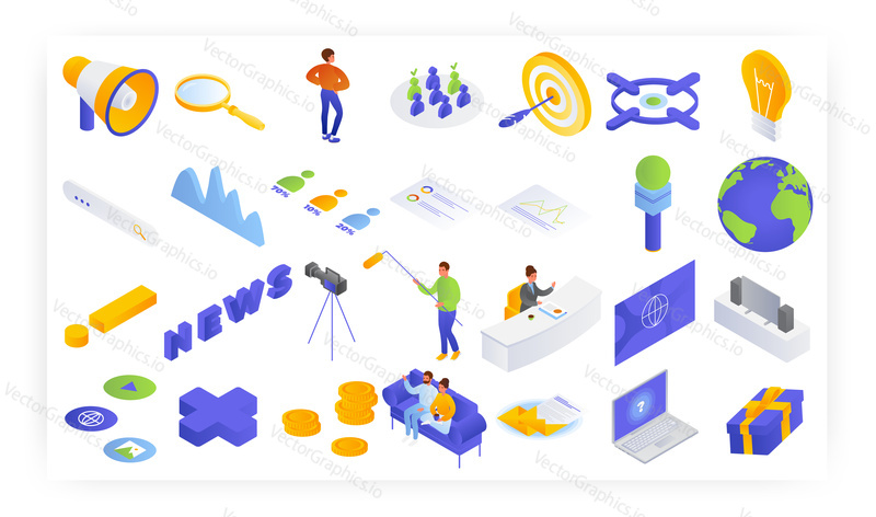 News production and broadcasting, isometric icon set, flat vector isolated illustration. Couple watching television news sitting on sofa. Presenter hosting tv program in studio.