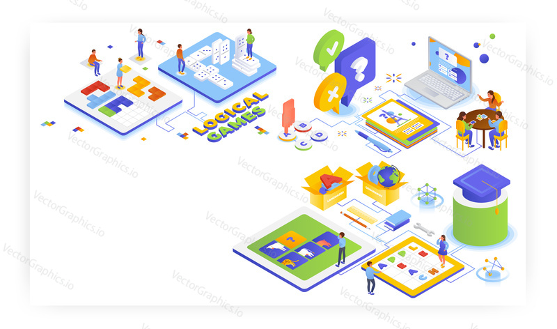 Logical learning games for kids, flat vector isometric illustration. Children playing online trivia quiz, domino, word search puzzle games, assembling pictures of animals.