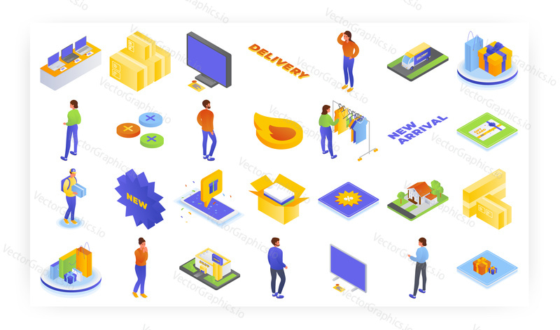 Online shopping and delivery service, isometric icon set, flat vector isolated illustration. Internet store. New arrivals of clothes. Courier delivering parcel from shop to customer home door.