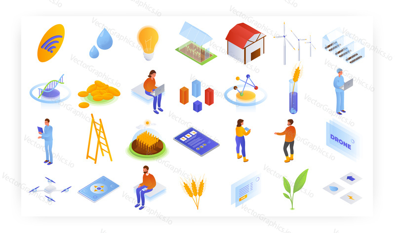 Farming industry modern agriculture technologies, isometric icon set, flat vector isolated illustration. Smart greenhouse, Iot, wireless remote control. Genetically modified wheat. Agricultural drone.