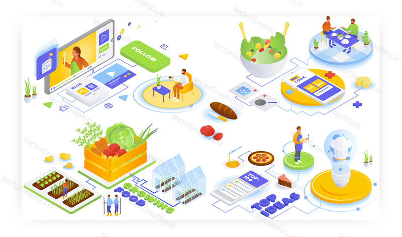 Growing and cooking organic food, flat vector isometric illustration. The best and easy online recipes, fast no cook dinner ideas, food blogging.