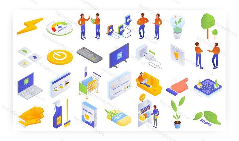 Eco friendly lifestyle, isometric icon set, flat vector isolated illustration. People shopping for organic groceries, natural household cleaning products online and saving electric energy. Ecology.