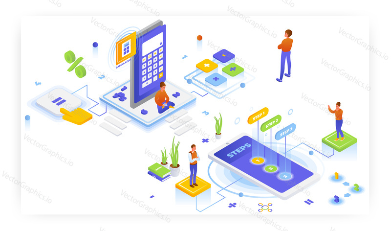 Online calculator, flat vector isometric illustration. Online math equation solver mobile app with step by step solutions to algebra, calculus, other math problems.