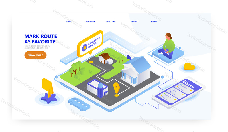 Favorite route, landing page design, website banner template, flat vector isometric illustration. Save favorite destinations, mark places on map in phone. Road trip route planning.